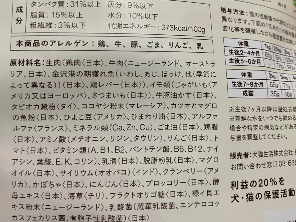 犬猫生活キャットフードの成分と原材料